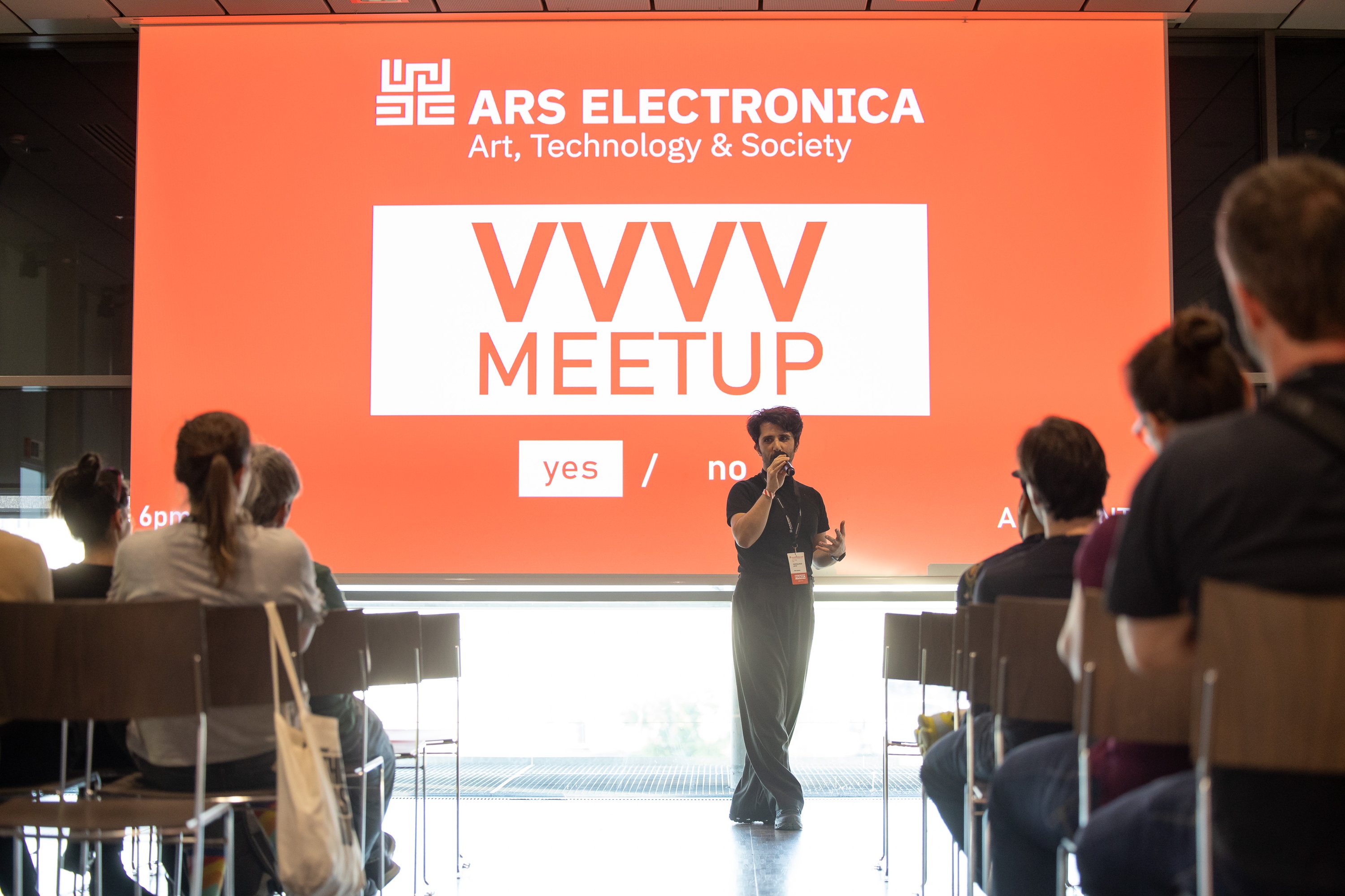 Amir Bastan presenting at the last vvvv meetup in the AEC Skyloft, during the 2025 festival. Photo by Flake Amir Bastan presenting at the last vvvv meetup in the AEC Skyloft, during the 2025 festival. Photo by Flake